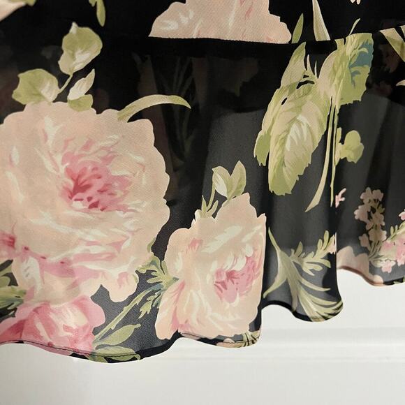 Chaps Woman’s Retro Black Pink Floral Ruffle High Low Midi Skirt- Size 10 - Picture 5 of 9